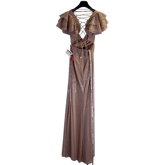 Mac Duggal Sequined Ruffled Cut Out Lace Up Gown In Rose Pink 10829 Size 12 - Picture 3 of 5